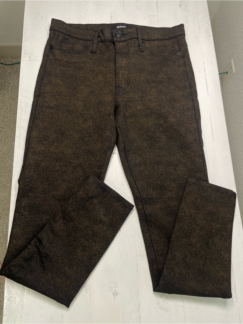 Hudson Barbara High Waist Skinny Jeans Bronze Metallic Coated Pants Size 28